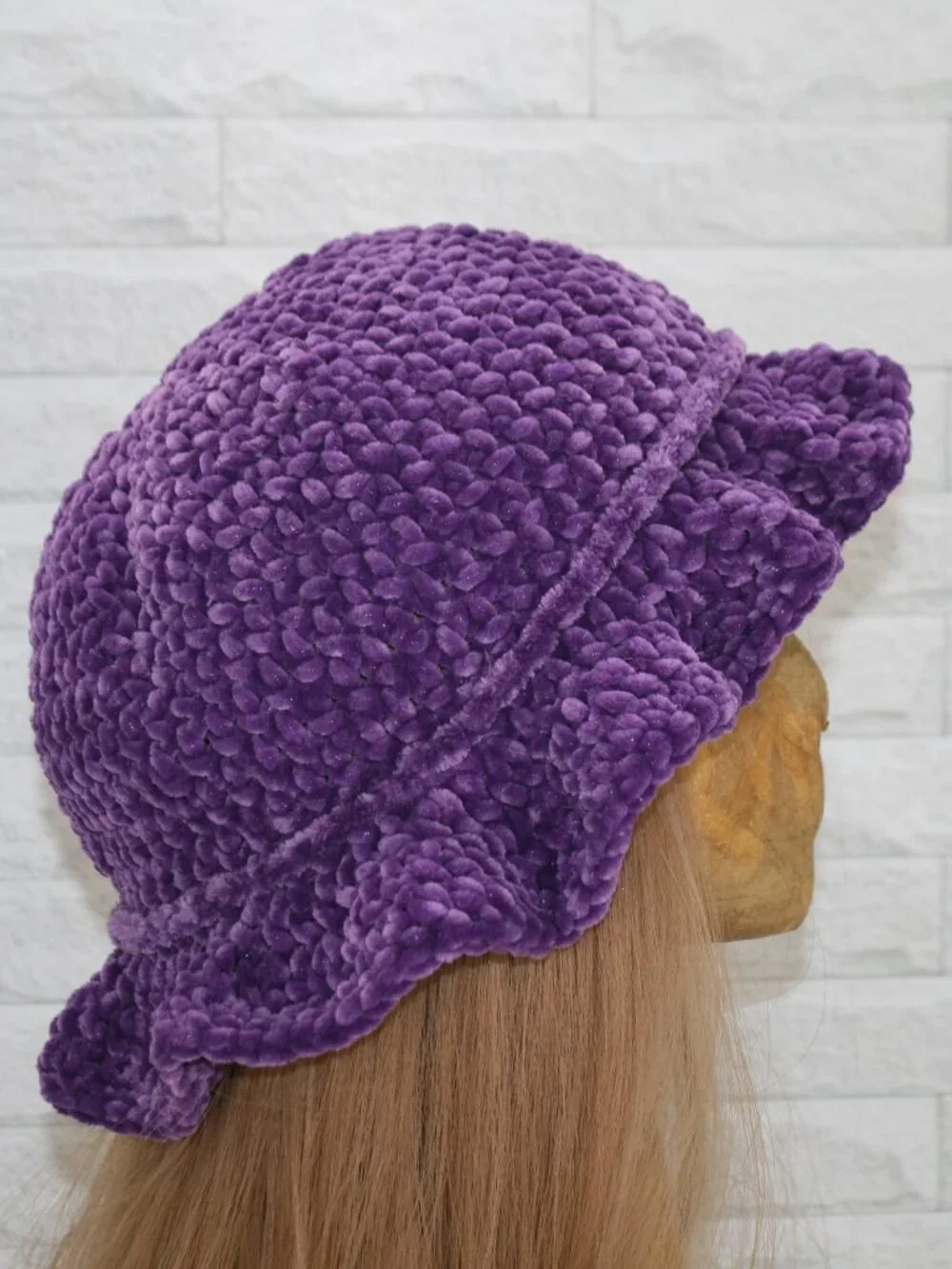 HAND CRAFTED Hat Crochet Bucket Chenille Winter Medium Ruffle Wide Brim Purple